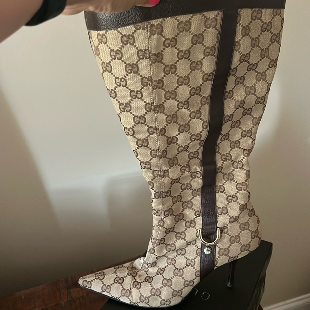 Gucci canvas monogram heeled boots size 8 1/2